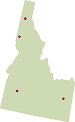 Outline of state of Idaho with 4 assistive technology throughout the state marked with stars.
